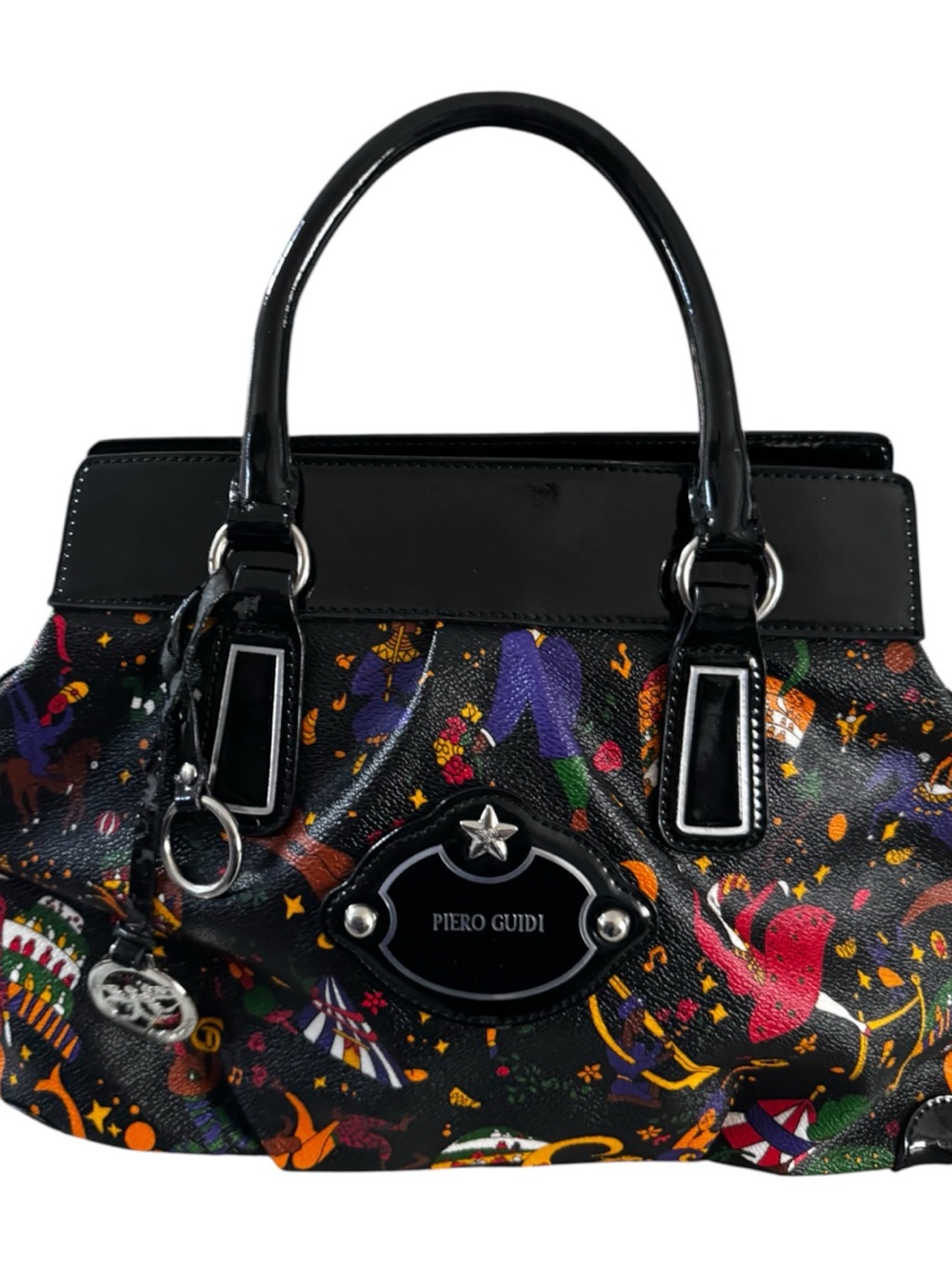 Piero Guidi Black Multicolor Printed Satchel